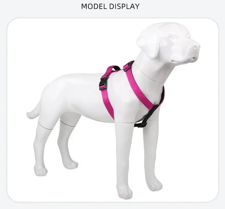 Dog model wearing a dog harness vest with reflective pink nylon straps and quick release buckle for small to large dogs