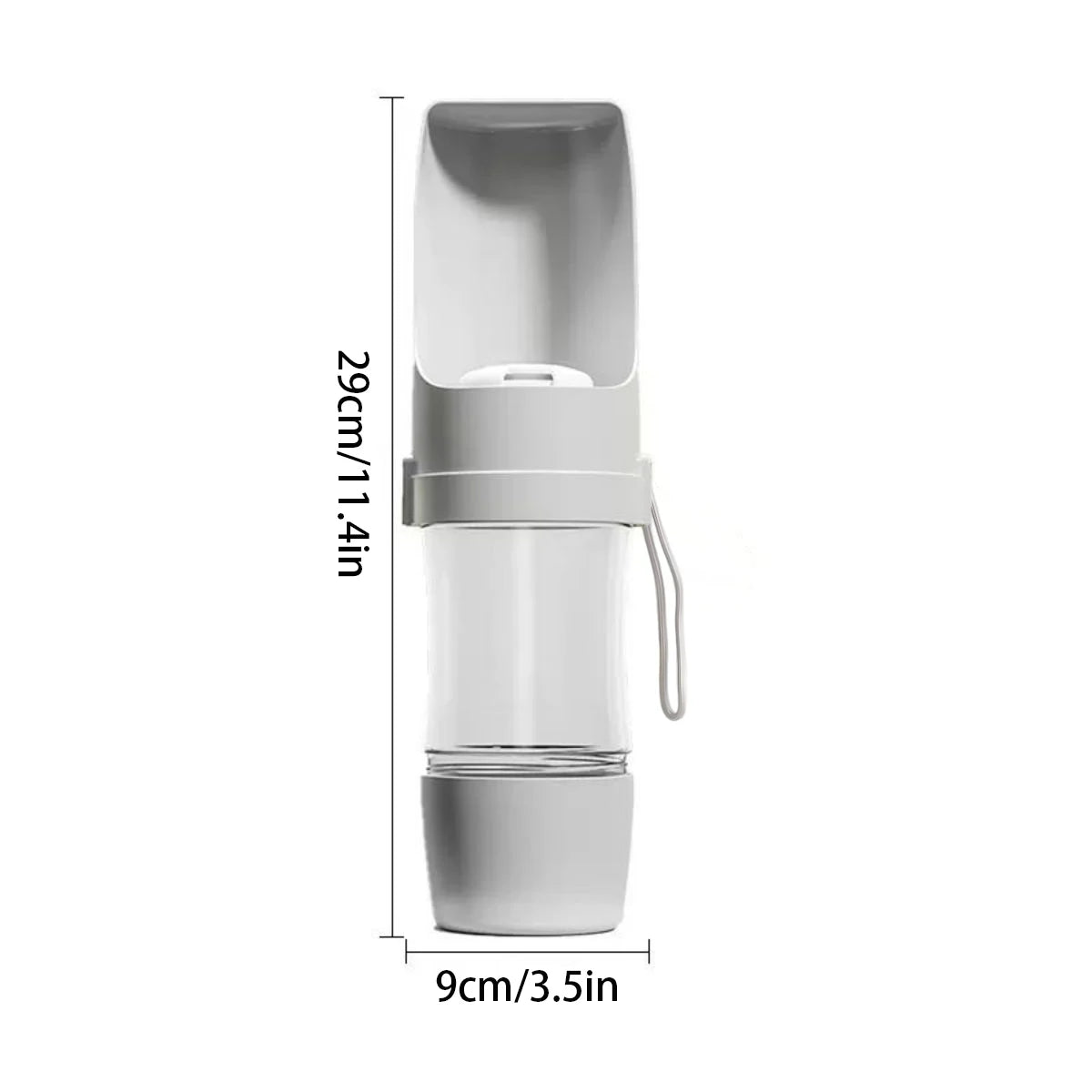 Grey portable dog water bottle with food container for travel, 29cm tall plastic pet water cup for dogs and cats