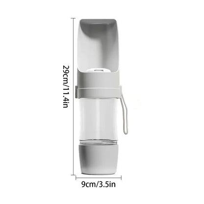 Grey portable dog water bottle with food container for travel, 29cm tall plastic pet water cup for dogs and cats