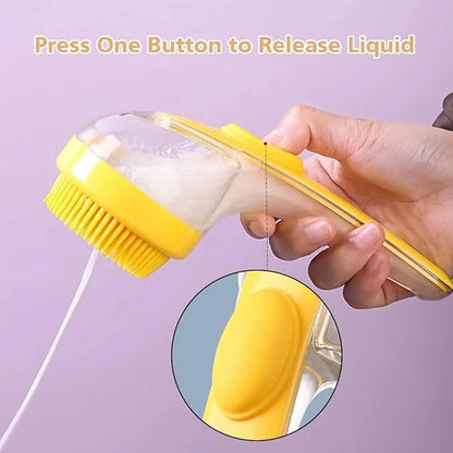 pet bath brush with shampoo dispenser for gentle grooming, massage, and liquid release bath cleaning