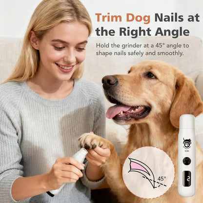 electric dog nail grinder used at a 45-degree angle to trim dog nails safely and smoothly