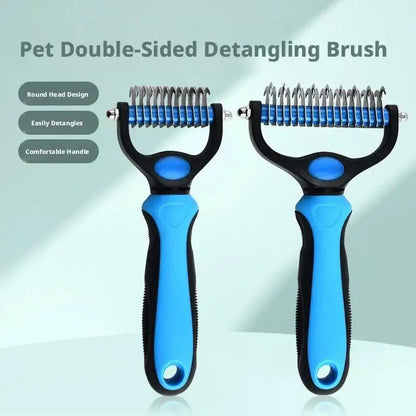 dog deshedding brush double-sided pet grooming tool for removing tangles and loose fur, blue and black handle