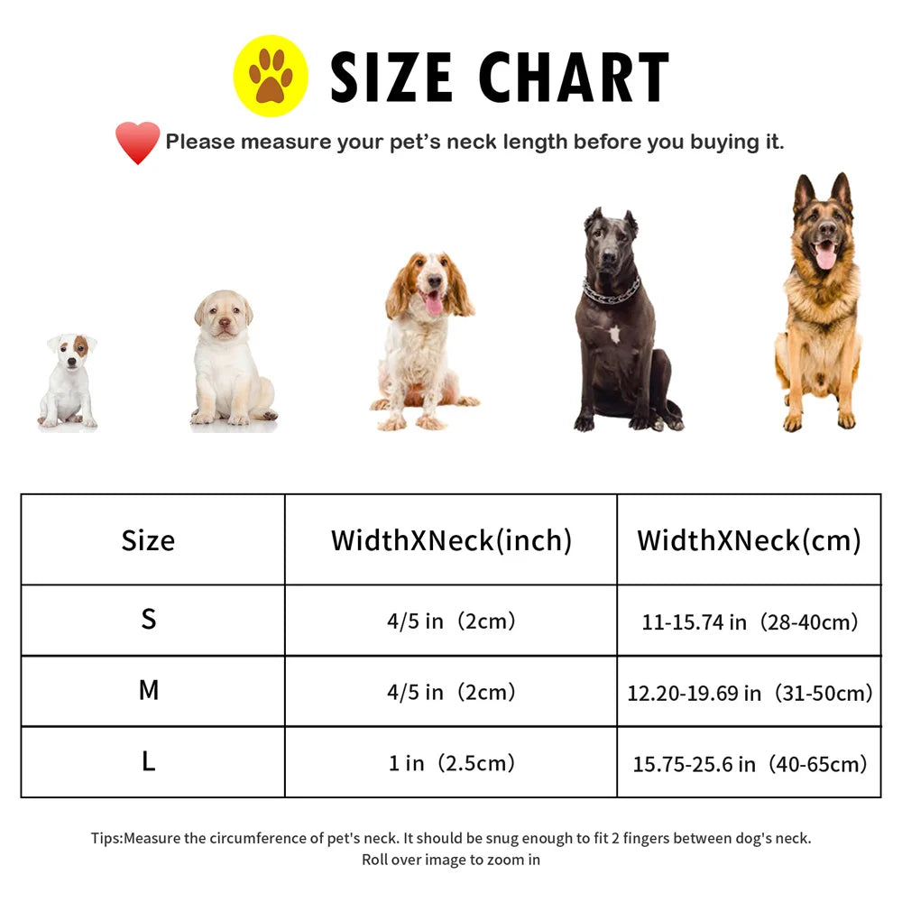 adjustable nylon dog collar size chart for medium and large dogs with neck measurements