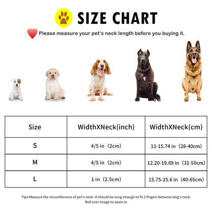 adjustable nylon dog collar size chart for medium and large dogs with neck measurements