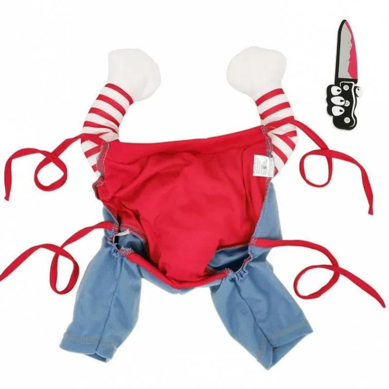 Funny dog costume with red and blue outfit, striped sleeves, and plush toy knife accessory.