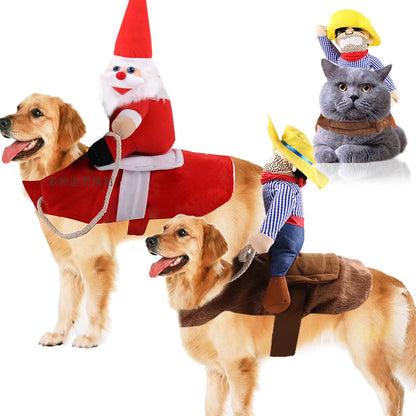 Golden retrievers and a gray cat wearing funny rider costumes, including Santa and cowboy outfits.