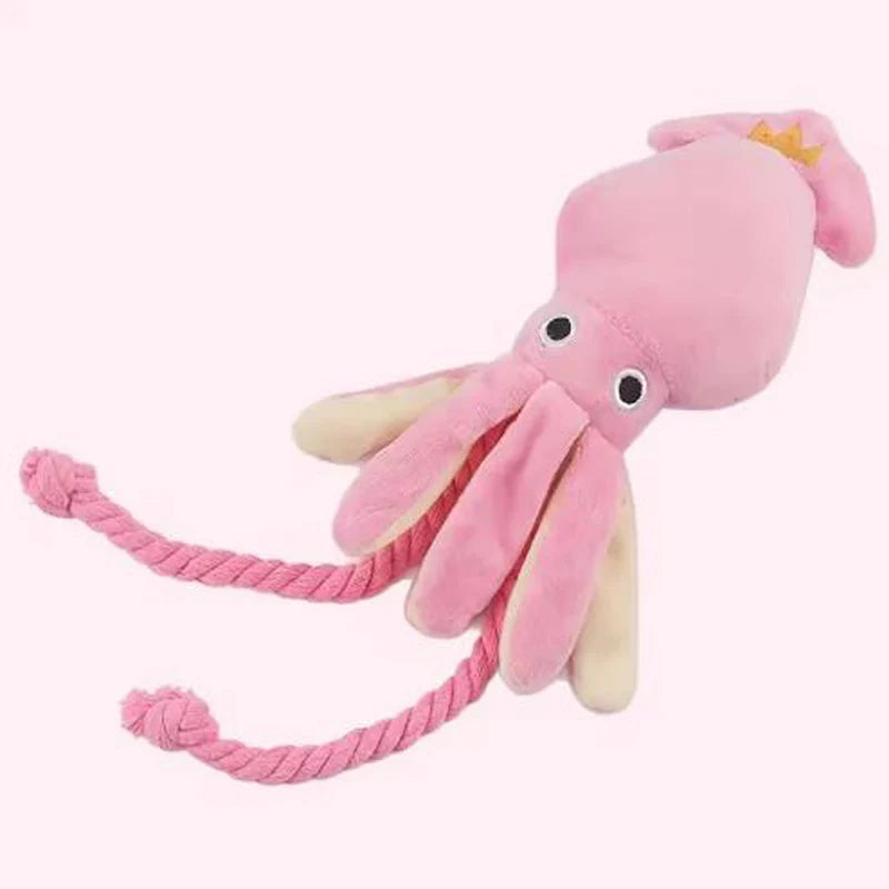 Pink interactive sound-emitting dog chew toy octopus rope plush for teeth cleaning and durable pet play