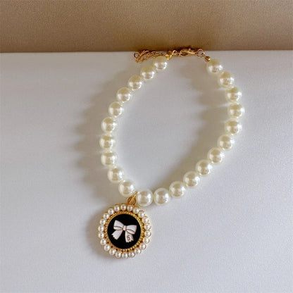 pet pearl necklace collar for dogs and cats, white pearl beads with gold buckle and black bow pendant, color 6