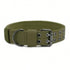 Army green tactical dog collar in durable nylon with buckle, D-ring and adjustable metal hardware for medium large dogs