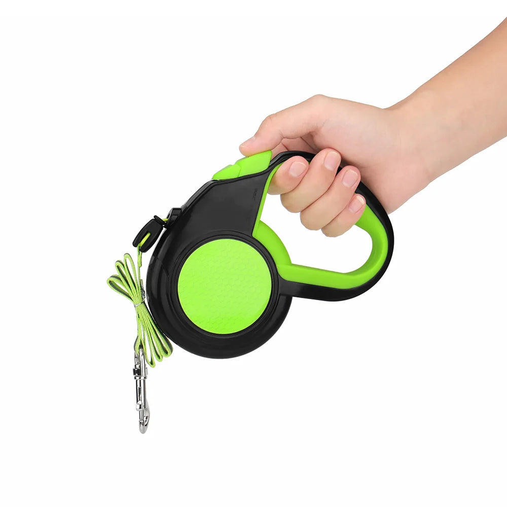 reflective retractable dog leash, green and black automatic extending pet leash with ergonomic handle