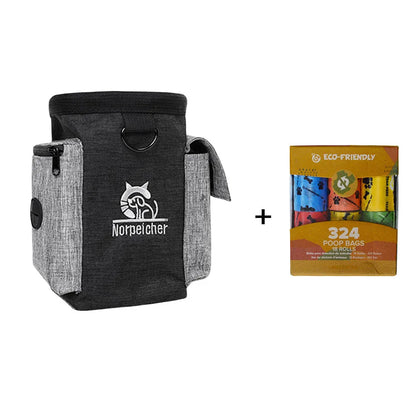 Dog treat bag with side pocket plus box of eco-friendly dog waste bags, 18 rolls, 324 count.