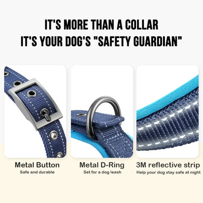 heavy duty tactical dog collar with metal button, D-ring, reflective strip, and handle for safe dog training and walking
