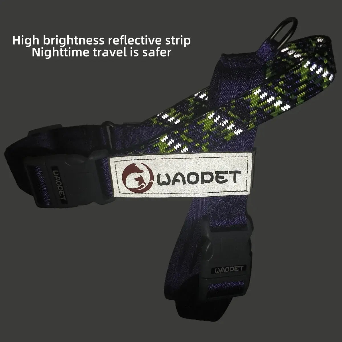 Reflective no pull dog harness with WAOPET label and bright safety strip for nighttime walking