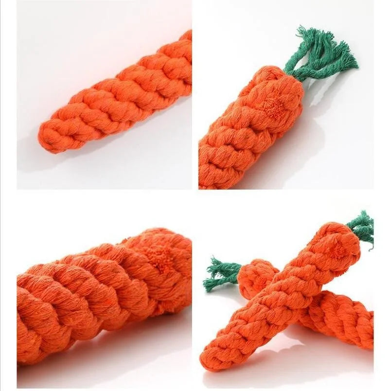 carrot shape dog chew toy made of cotton rope for dogs and cats, bite-resistant indoor pet knot toy