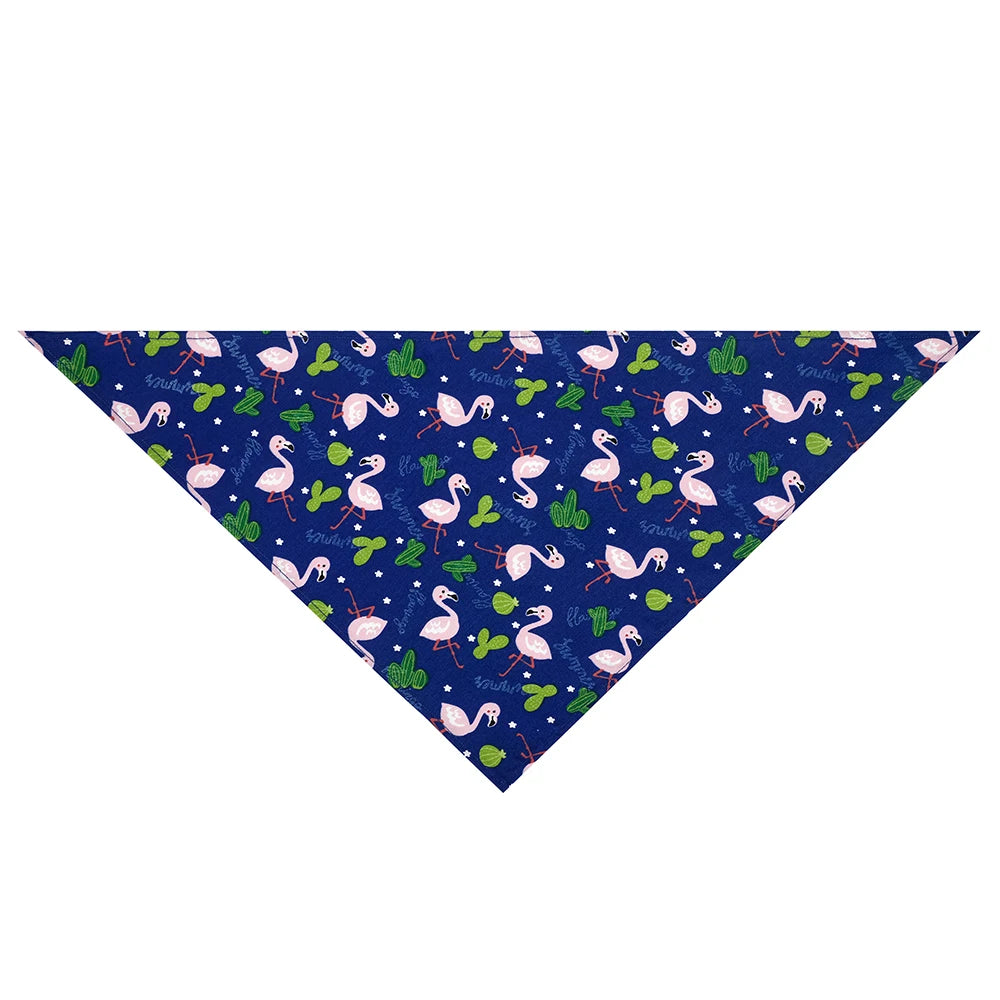 Blue dog bandana with pink flamingo and green cactus print, pet accessory