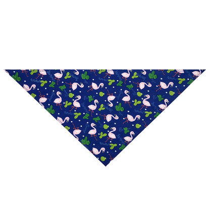 Blue dog bandana with pink flamingo and green cactus print, pet accessory
