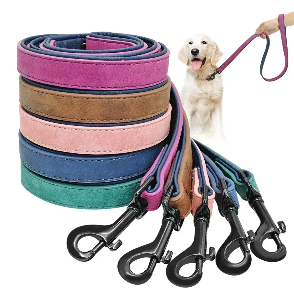 Personalized leather dog collar with custom name ID tag, colorful adjustable pet collar leash set for small to large dogs