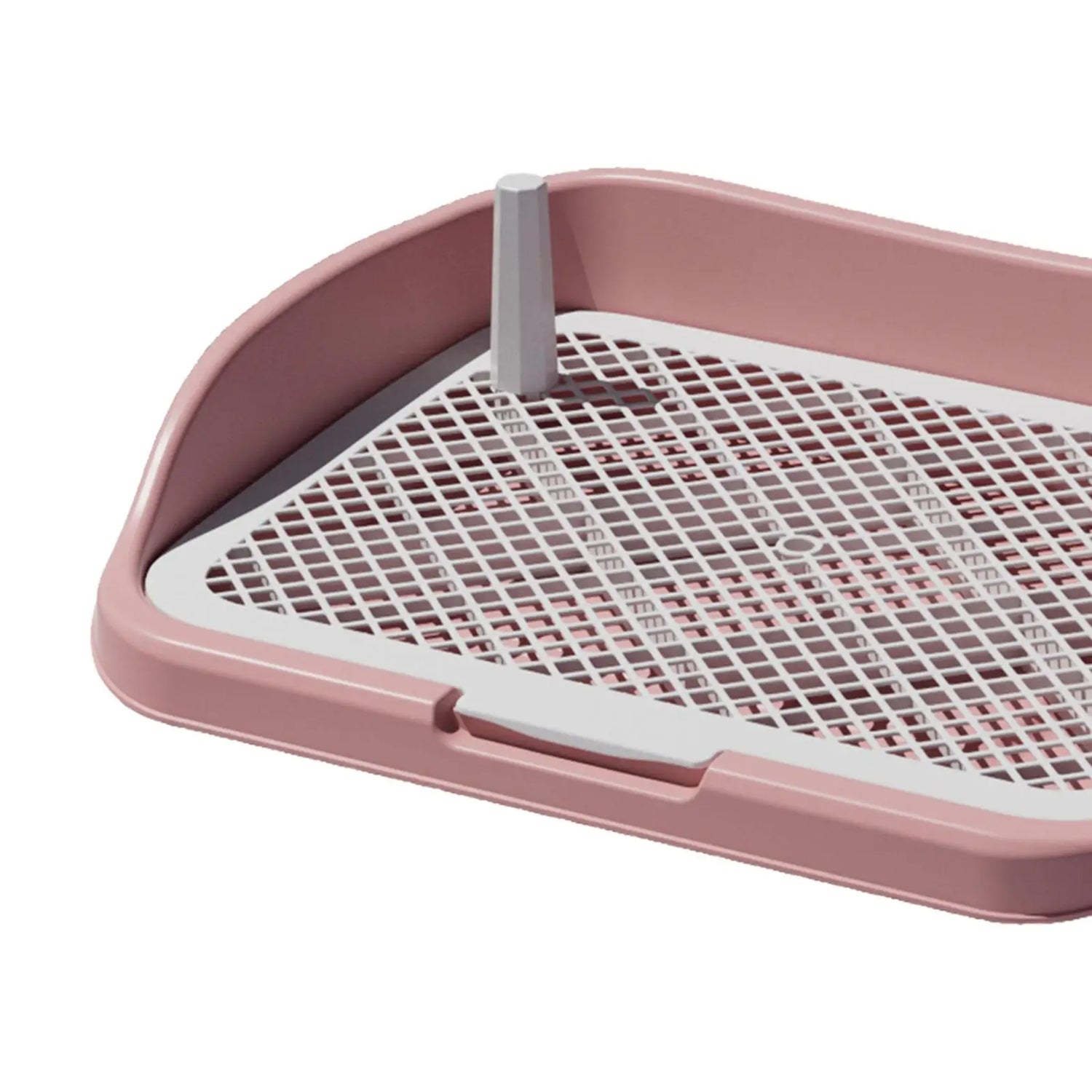 Pink plastic dog potty tray with raised grid and splash guard for indoor dog training