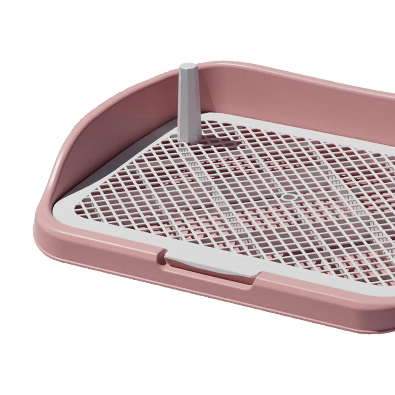 Pink plastic dog potty tray with raised grid and splash guard for indoor dog training