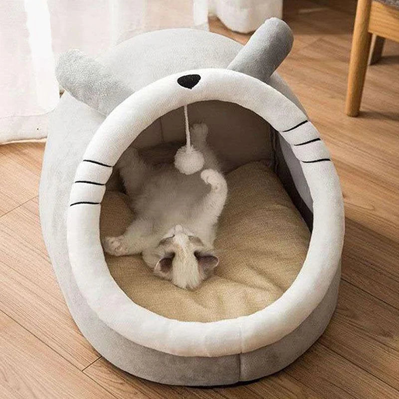 foldable washable cat bed with cute animal-ear design, cozy semi-closed pet sleeping cave for cats and small dogs