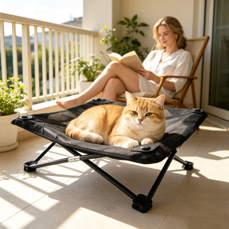 waterproof raised mesh dog bed on a balcony with a cat resting on the elevated portable frame