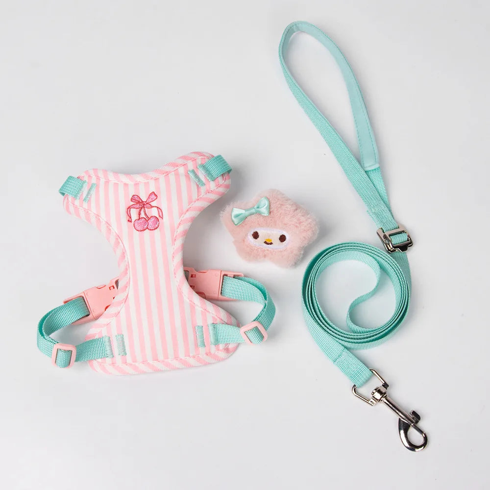 small dog harness leash set with pink striped vest, mint leash, and cute plush doll for stylish puppy walking