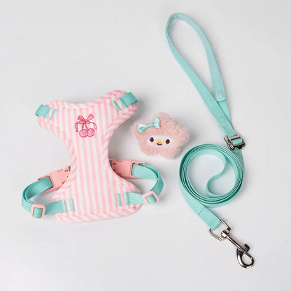 small dog harness leash set with pink striped vest, mint leash, and cute plush doll for stylish puppy walking