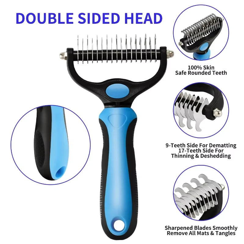 self cleaning pet deshedding brush double sided grooming tool for cats and dogs, de-matting comb