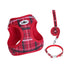 plaid pet leash set in red, 3-piece cat and dog walking accessories with adjustable harness, leash, and collar