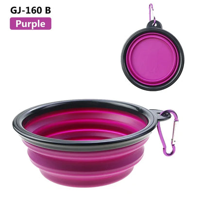 Purple collapsible pet travel bowl made of silicone, portable food and water bowl for cats and dogs with clip