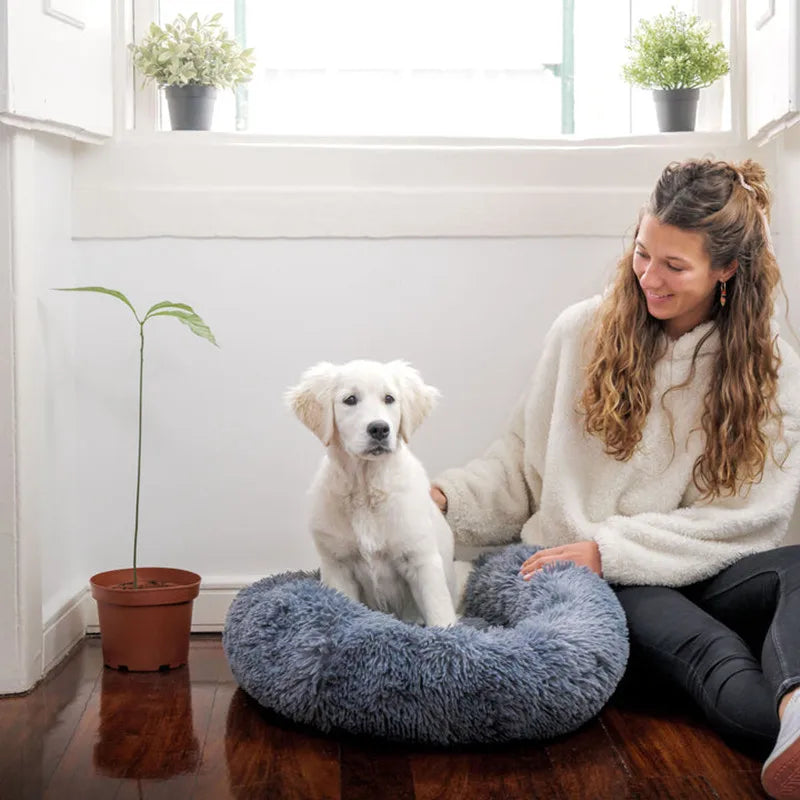 washable donut dog bed plush calming pet bed for large medium small dogs, soft round sleeping bed