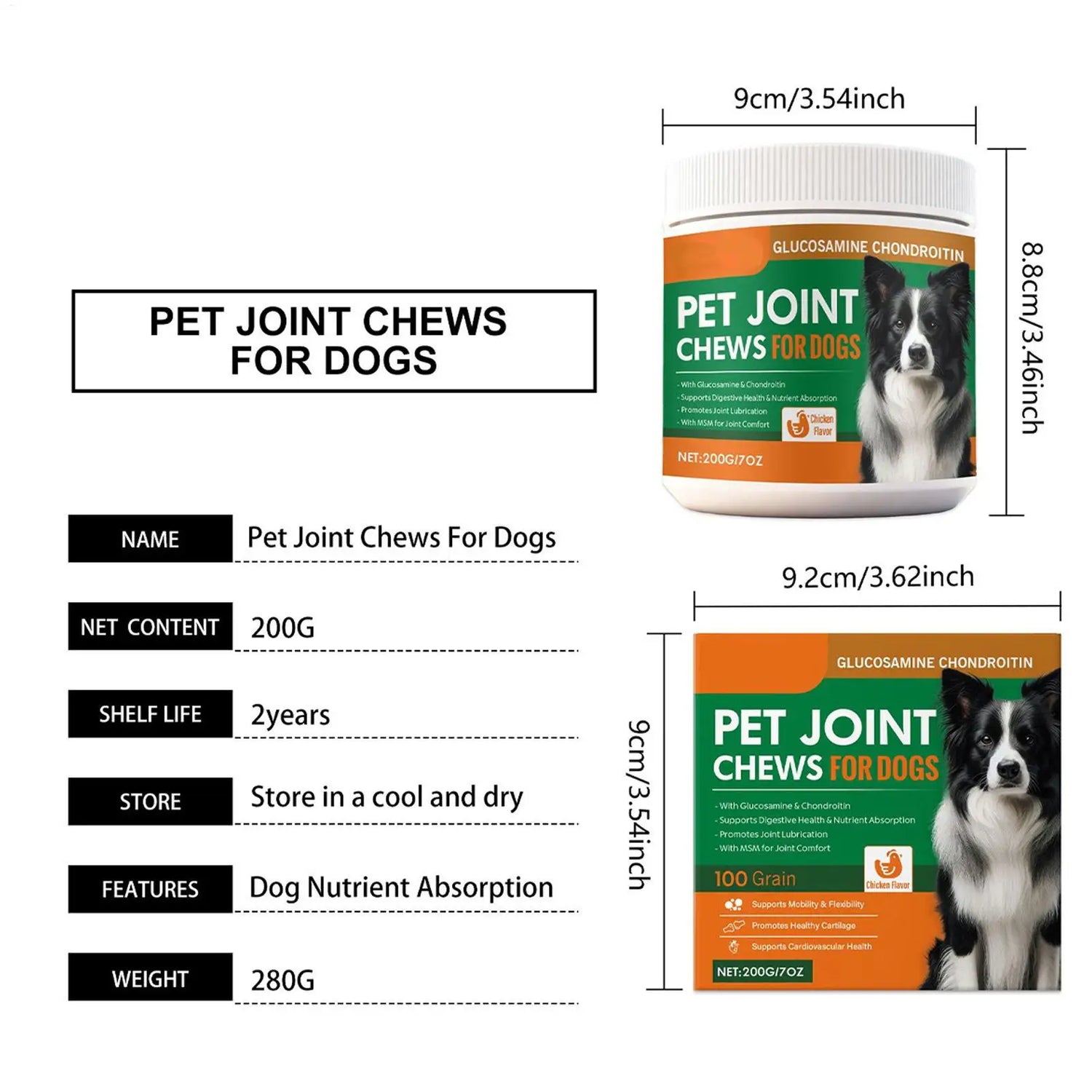 Pet joint chews for dogs, glucosamine chondroitin supplement, 200g, chicken flavor, packaging details