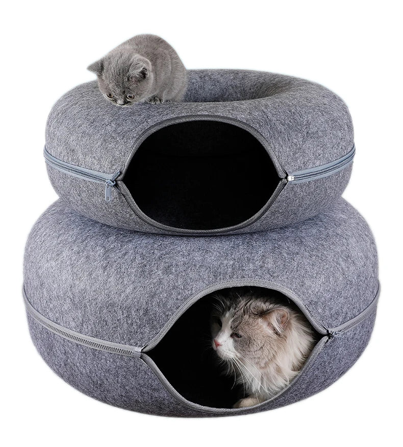 round cat tunnel bed with cozy gray felt donut nest for cats to sleep, play, hide, and relax