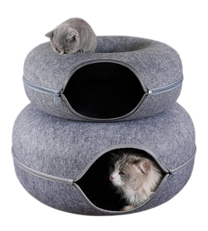 round cat tunnel bed with cozy gray felt donut nest for cats to sleep, play, hide, and relax