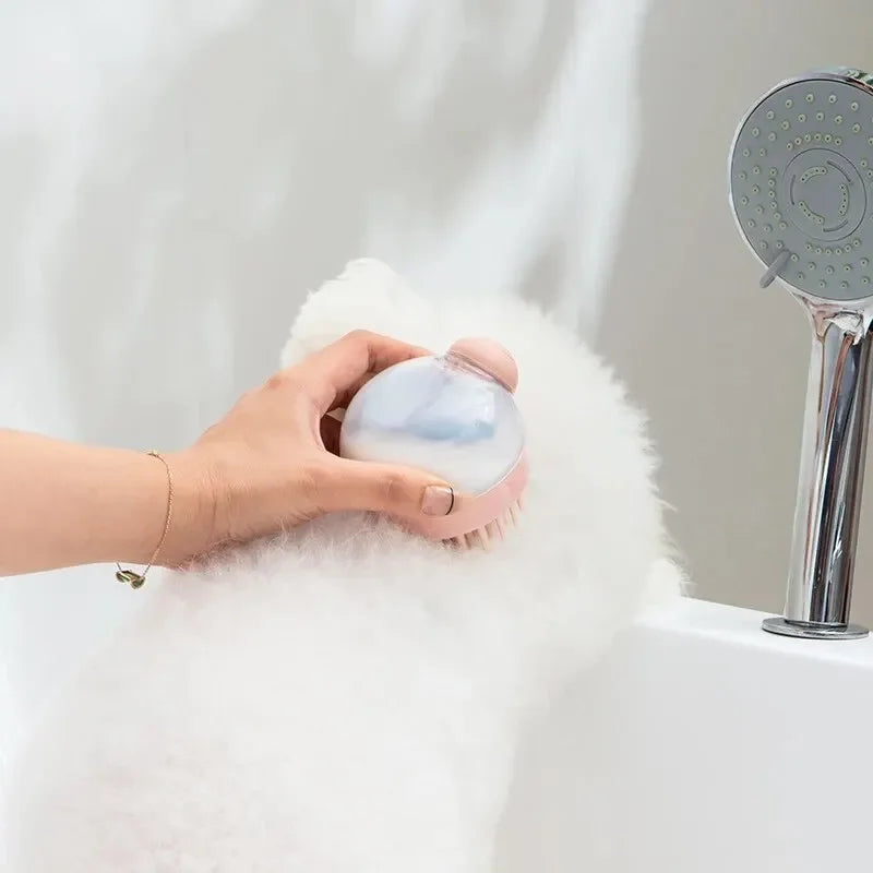 dog shower brush with shampoo dispenser for gentle pet bathing, massage grooming, and cleaning long hair dogs and cats