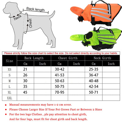 reflective adjustable dog life jacket size chart with buoyancy vest for large dogs, orange and green pet swimwear