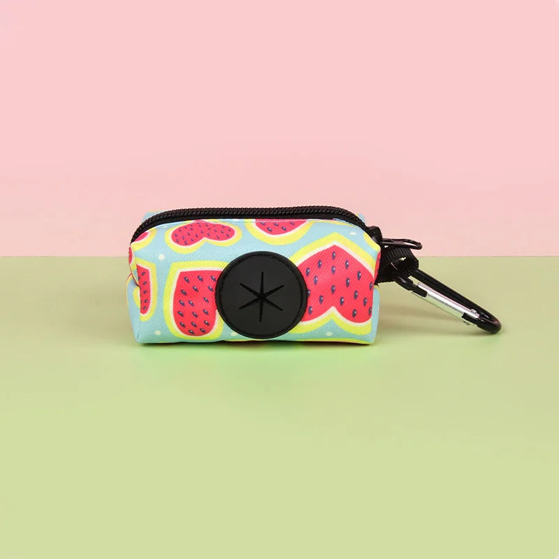 dog poop bag dispenser, green watermelon size L portable dog leather strap holder with clip, durable outdoor poop bag holder