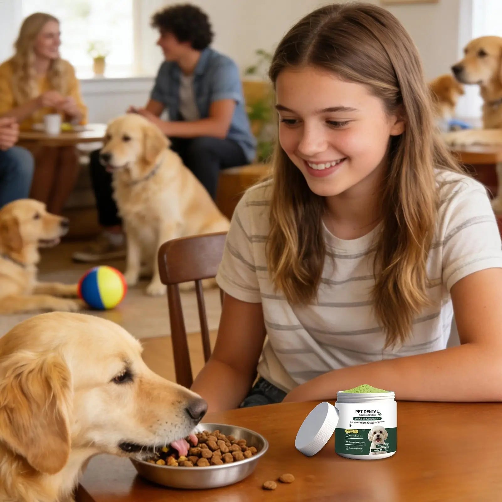 dog teeth cleaning powder for dogs, mixed with food to help freshen breath and support daily oral care