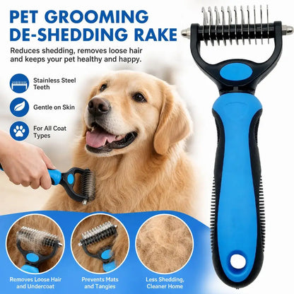 dog deshedding brush for pet grooming, stainless steel teeth, removes loose hair and undercoat, gentle on skin