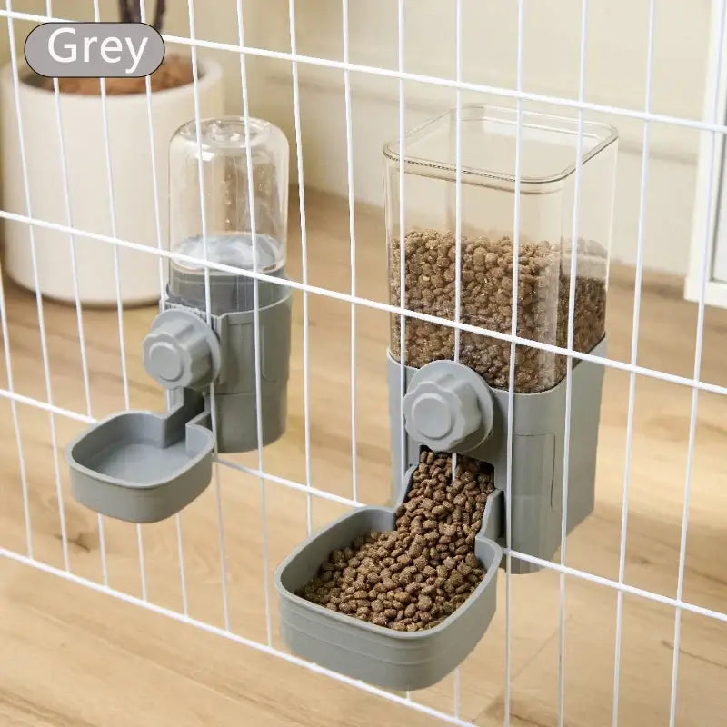 Grey hanging pet feeder and waterer for small dog, cat, rabbit, 1.5L plastic cage bowl dispenser