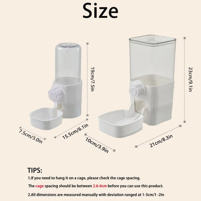 hanging pet feeder and waterer size chart for cage-mounted automatic food and water dispenser for cats, dogs, and rabbits