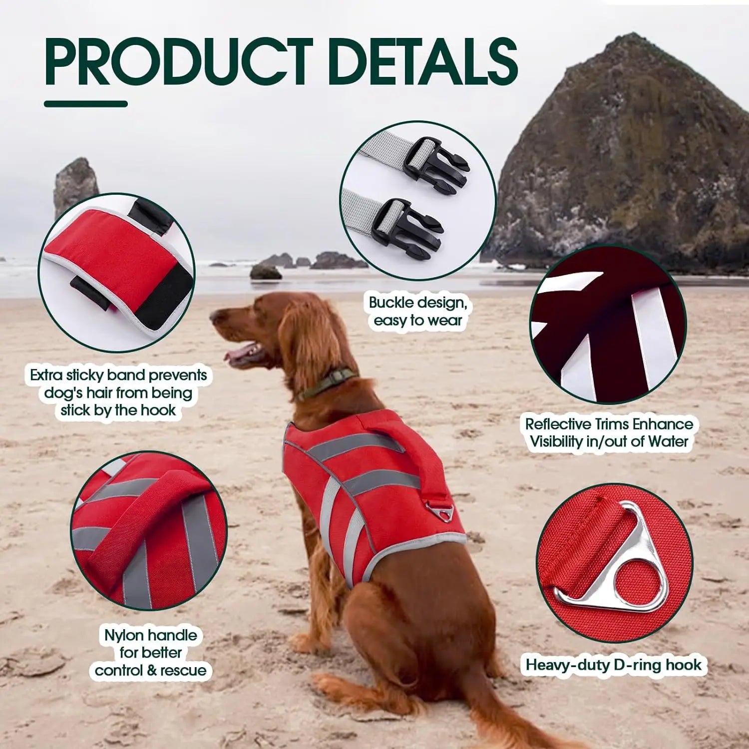 reflective dog life jacket for swimming, red dog buoyancy vest with buckle, D-ring, and reflective trims