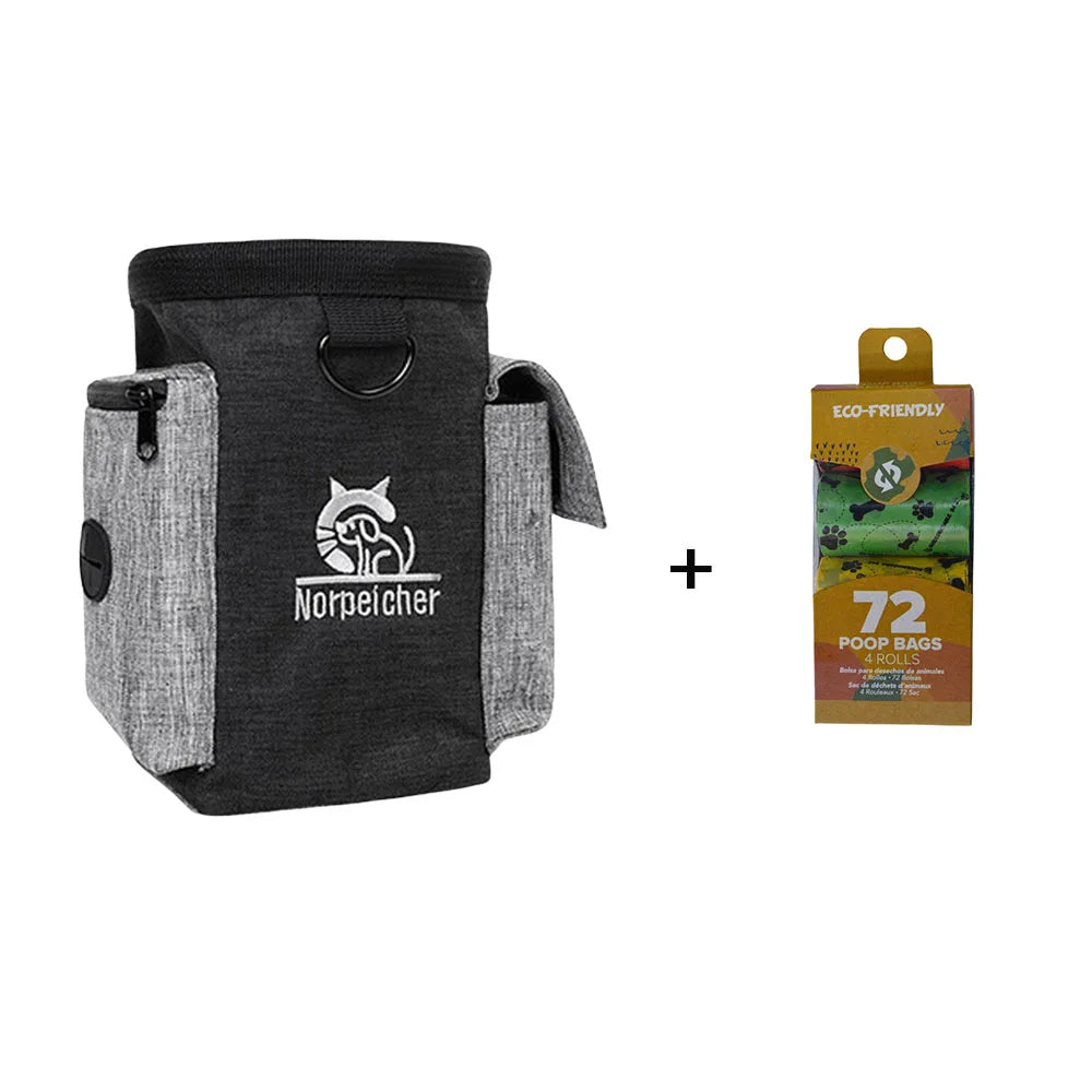 Dog treat pouch with multiple pockets and pack of 72 eco-friendly dog poop bags
