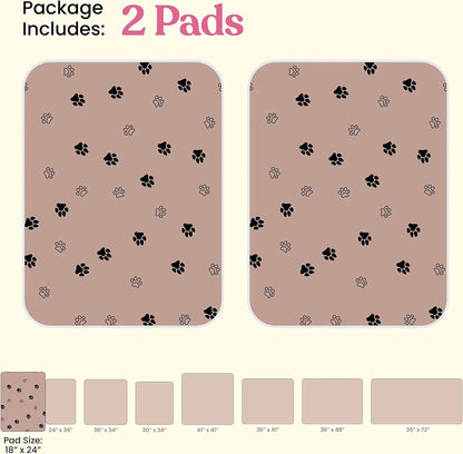 Set of two brown dog pee pads with black paw print pattern, multiple sizes shown