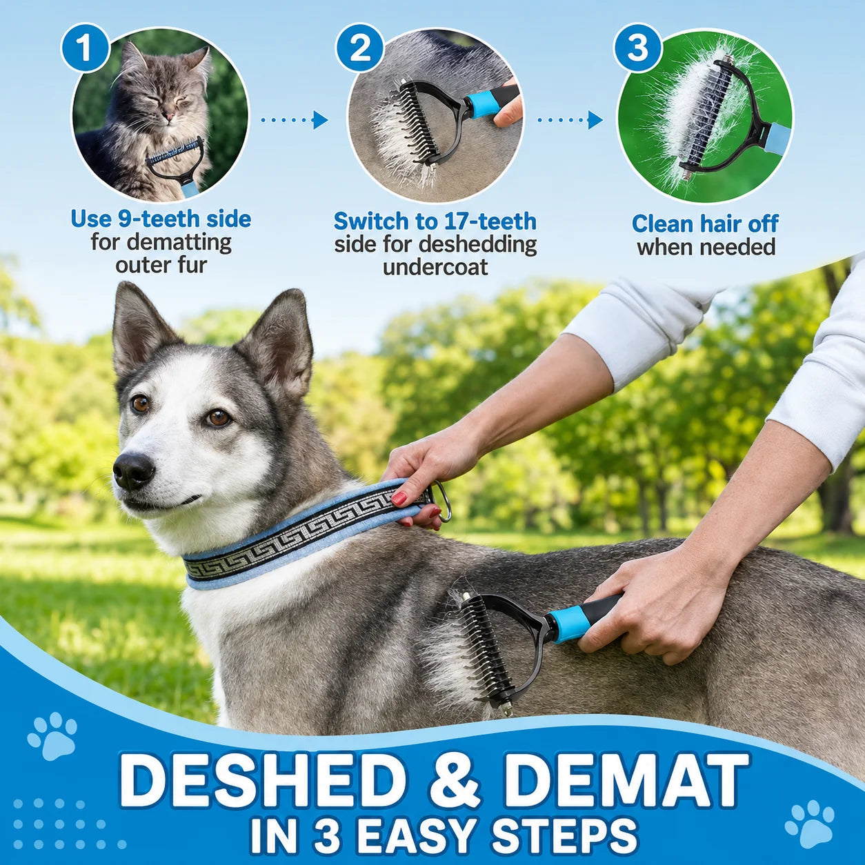 pet deshedding brush for dogs and cats, 2-in-1 no-scratch grooming tool reduces shedding in 3 easy steps