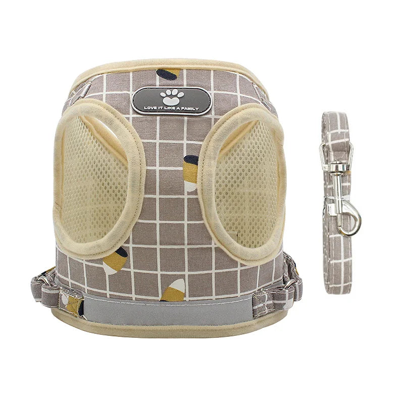 adjustable cat and small dog harness and leash set, khaki plaid breathable mesh vest, reflective, ships from China Mainland