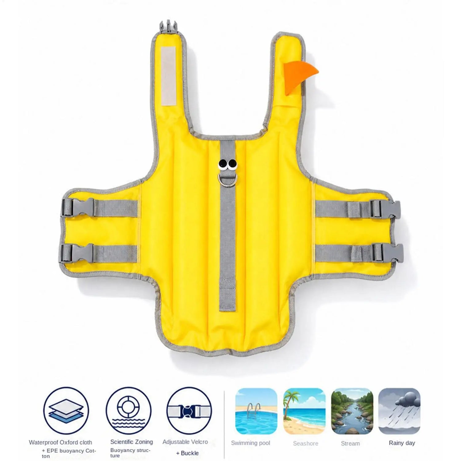 Bright yellow adjustable dog life jacket with high buoyancy, rescue handle, and secure straps for swimming, beach, pool, and lake safety