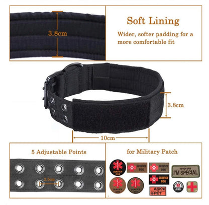 reflective tactical dog collar with soft lining, 5 adjustable points, quick release buckle, and military patch area