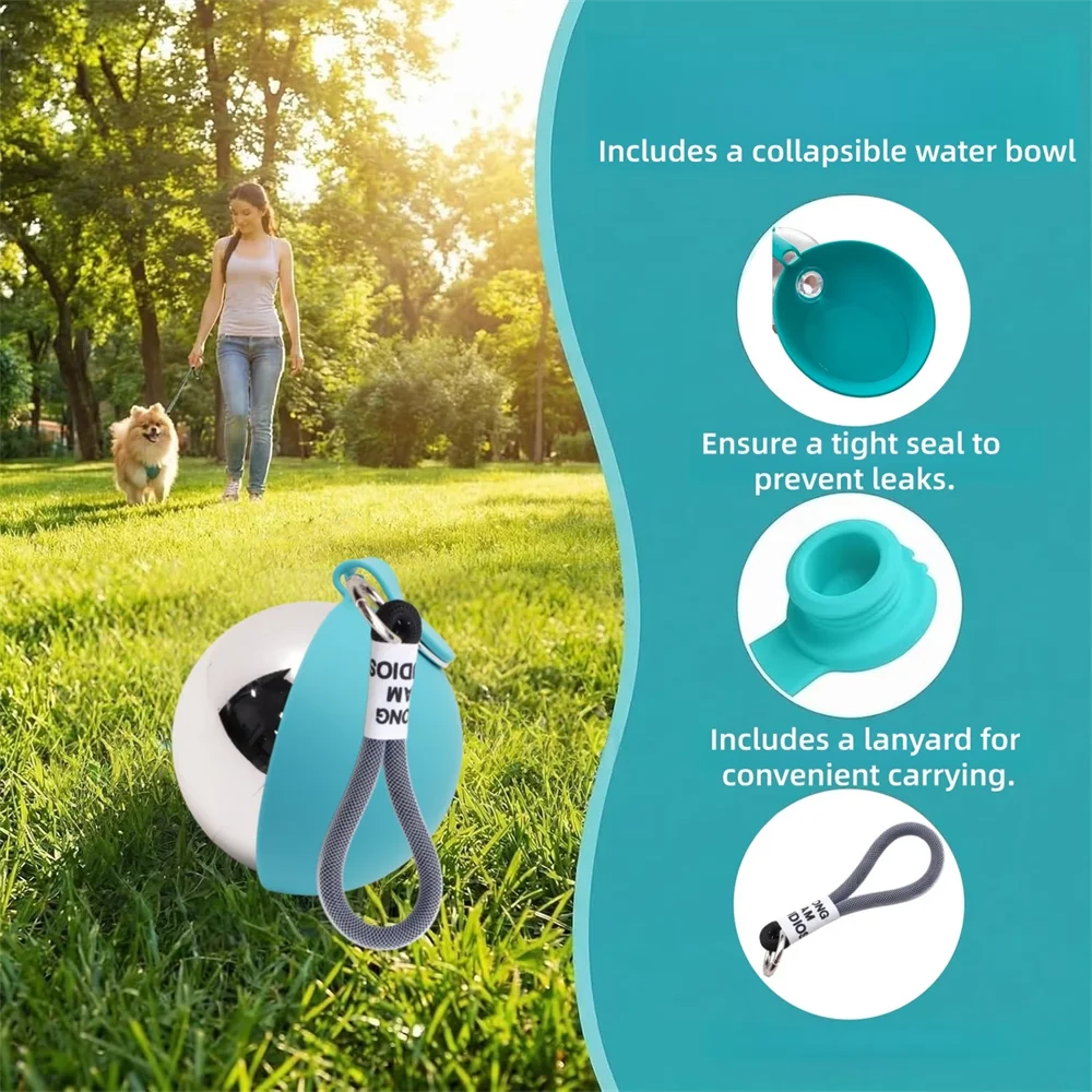 portable pet water bottle with collapsible bowl and lanyard for leak-proof dog walking and travel
