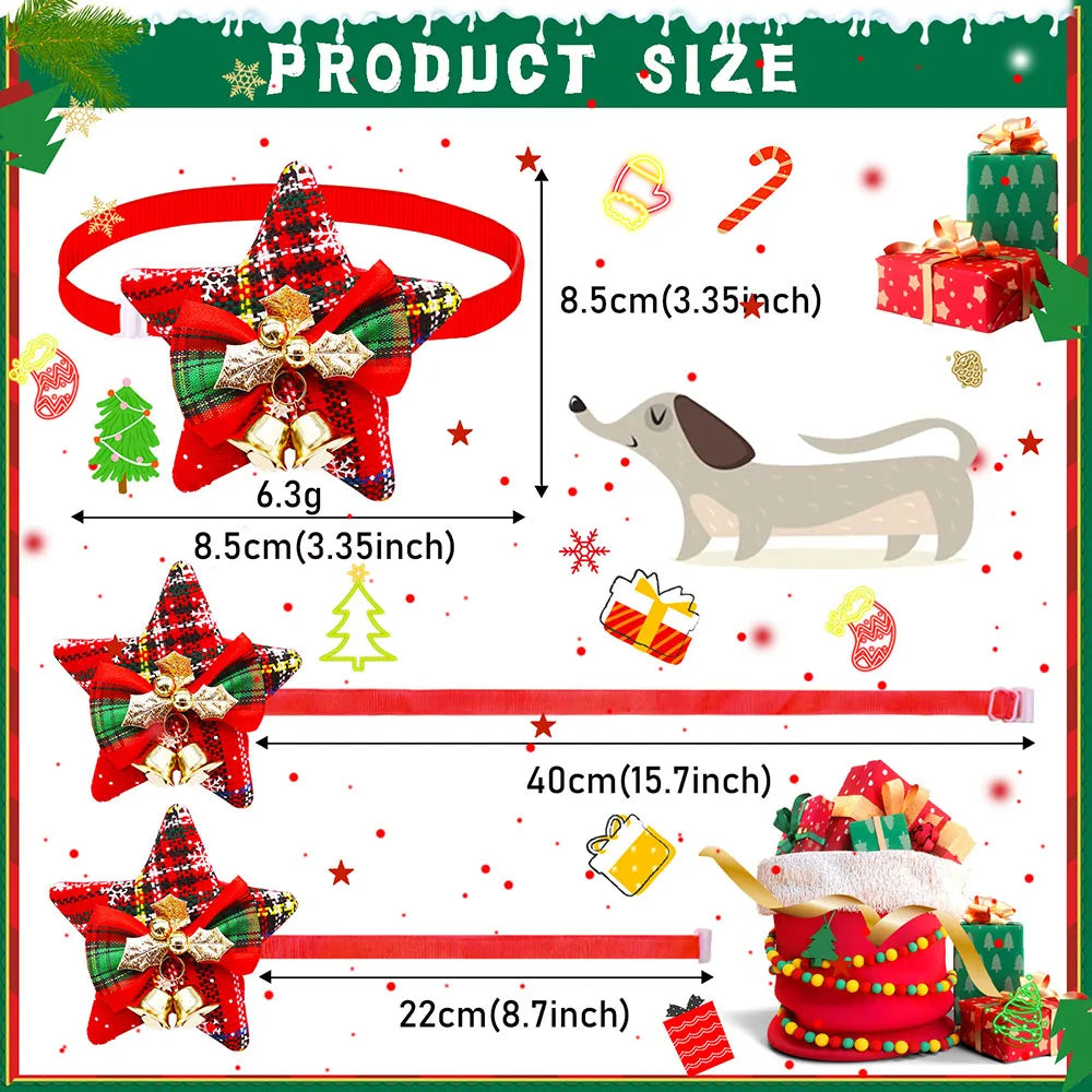 Christmas dog bowties with bell adjustable red festive pet collar with star bow, 8.5cm size, for dogs and cats